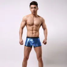 Для мужчин пикантный из искусственной кожи с выступом для пениса мешок Новинка Длинные боксеры нижнее белье Гей Мужской забавные шорты трусики Размеры размеры S, M, l