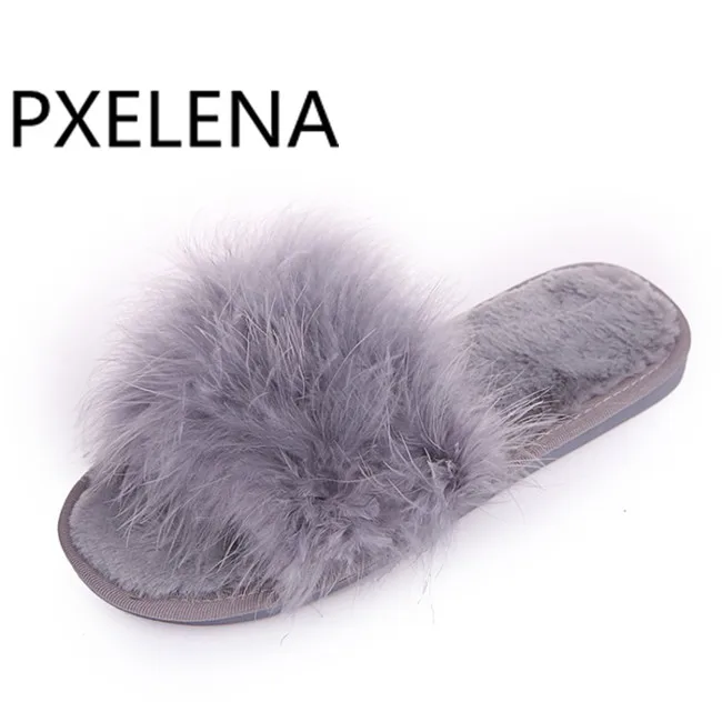 Шлепанцы PXELENA женские с мехом страусиного пера домашние плюшевые тапочки на