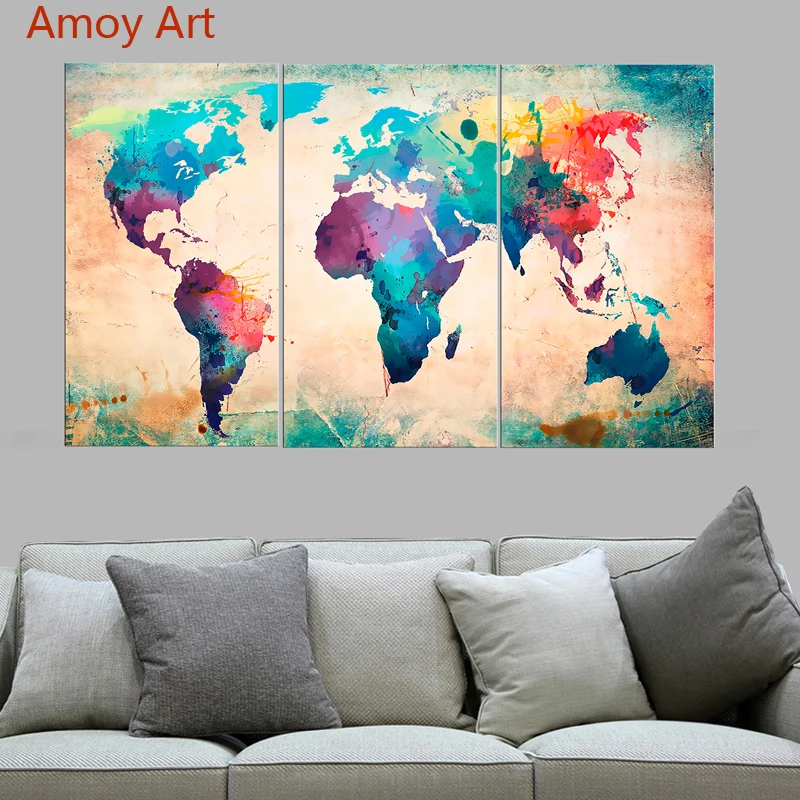 Unframed 3 Panel Colorful World Map Abstract Modern Wall