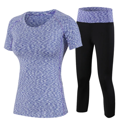 2 шт. быстросохнущая Йога набор спортивная одежда для бега Компрессионные Шорты Колготки женская футболка спортивный костюм для женщин - Цвет: Set-Purple