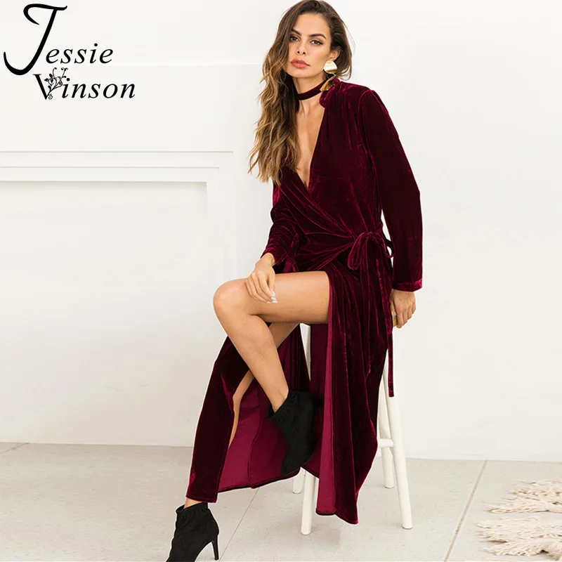 

Jessie Vinson Long Sleeve Wine Red Velvet X-long Trench Women Luxury Long Cardigan Coat Autumn Winter Kimono Cardigan Plus Size
