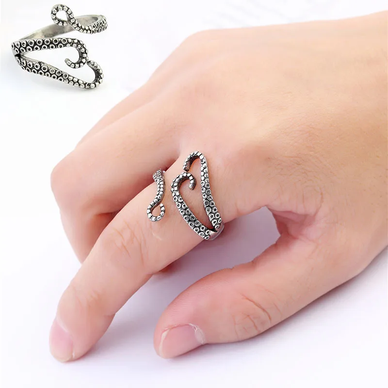 

LNRRABC Fashion Women Ring Punk Style Resizable Titanium Steel Unisex Silver Color Octopus Devilfish Rings Fashion Jewelry
