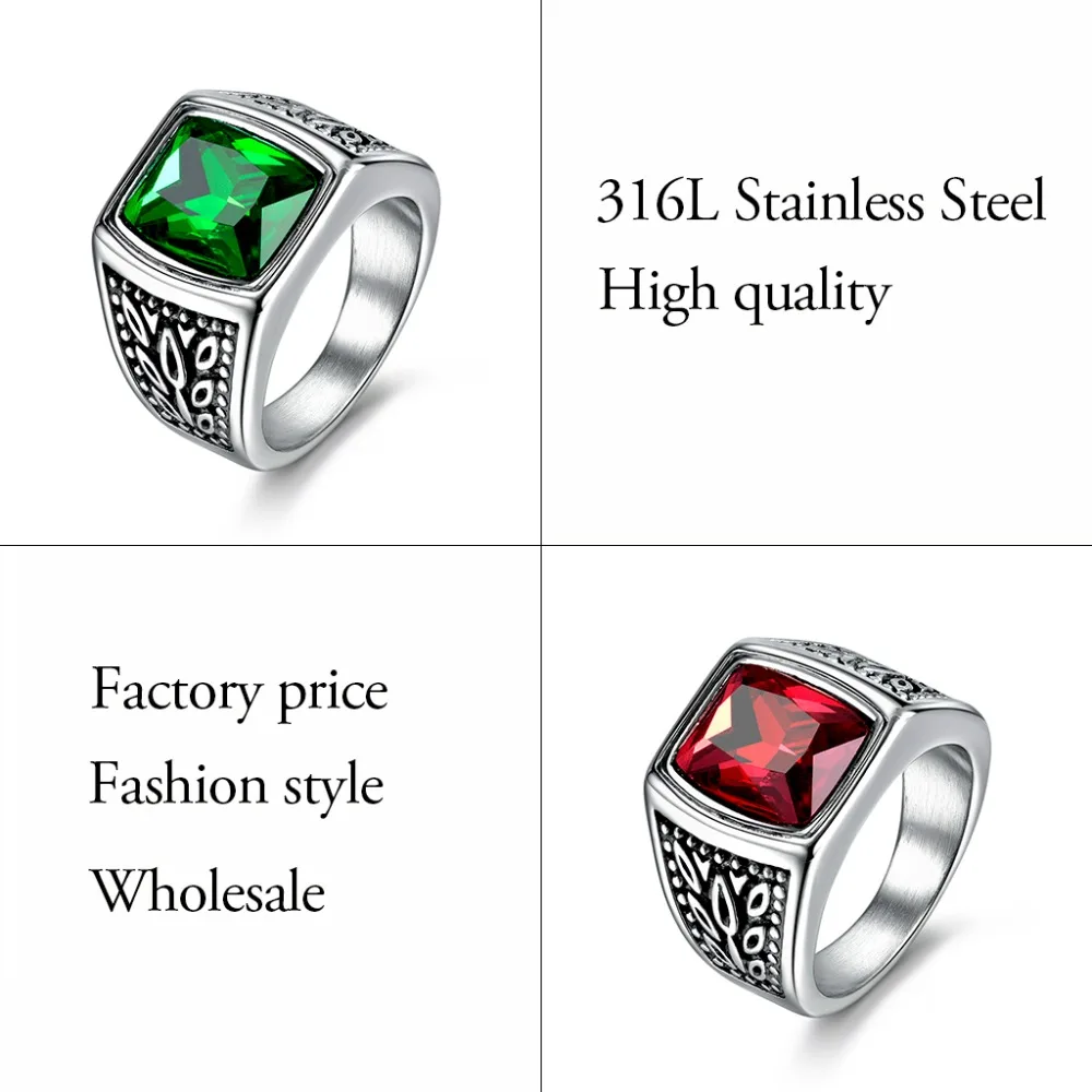 XIAGAO Gift 2 Color Red Green Square Stone Titanium Ring for Man 316L Stainless Steel Unique Fashion Male's Cross Ring for Boy