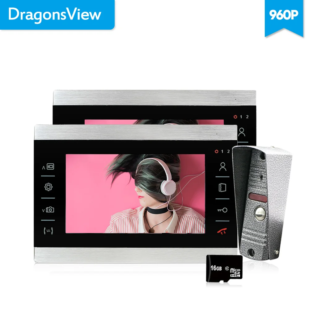 Dragonsview Video Door Phone 2 Monitors Wired 7 inch HD 960P intercoms for a private house Unlock MP3 MP4 Ringtones Recording