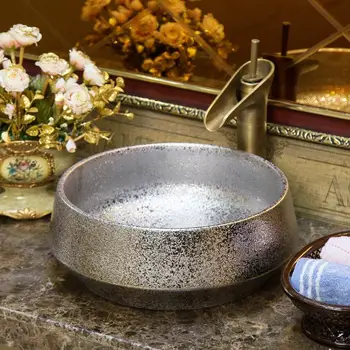 

Handmade Europe Style Lavobo Ceramic Bathroom Luxurious Embossed Silver Artistic Bathroom Sink Countertop porcelain sink