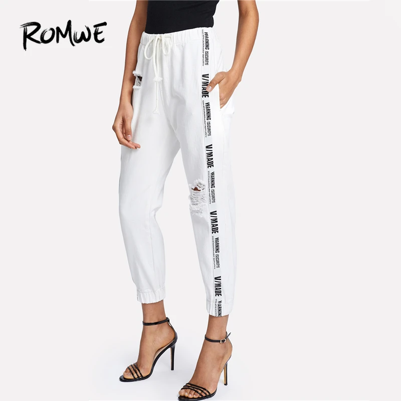 ROMWE Ribbon Letter Ripped Drawstring Denim Jeans 2018 Summer Autumn Women Beige Mid Waist Regular Female Casual Long Pants