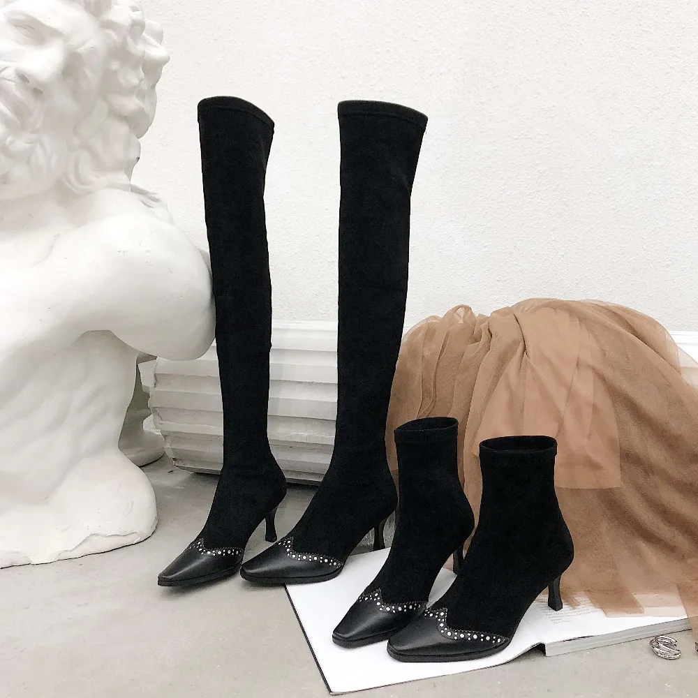 Stretch calf Dünne Größe Heels Plus mid Klassischen Büro Kuh 2019 Dame Slip Concise Chelsea Leder Quadratischen Boots L7f3 Stiefel Flock Boots Auf Zehe High Thigh xT7f0qgwA