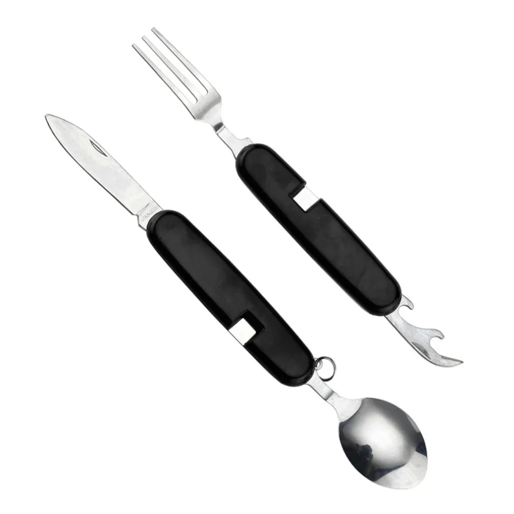Portable 4 in 1 Stainless Steel Spoon Fork Knife Set Folding Hiking Camping PicnicTableware Multi Function Tool 
