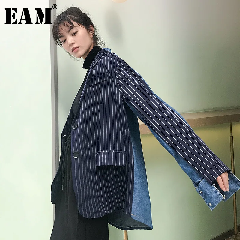 

[EAM] 2019 New Spring Striped Denim Patchwork Turn-down Collar Single Breasted Loose Coat Women Fashion Tide LC008