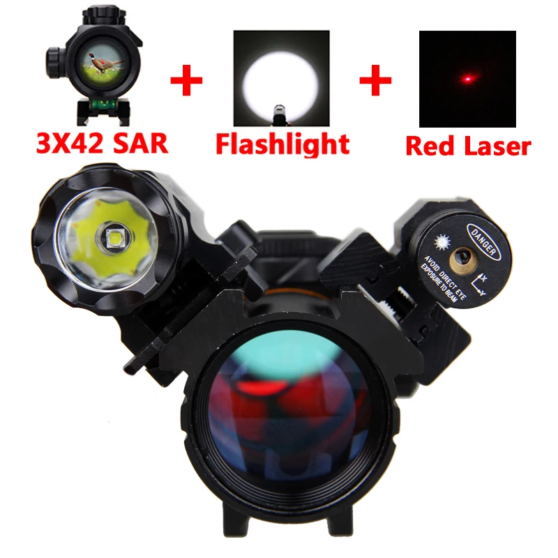 

Tactical Riflescope 3X42 Magnification Red Dot Optic Sight Scope+Red Dot Laser+Gun Light 11mm & 20mm Picatinny Rail for Hunting