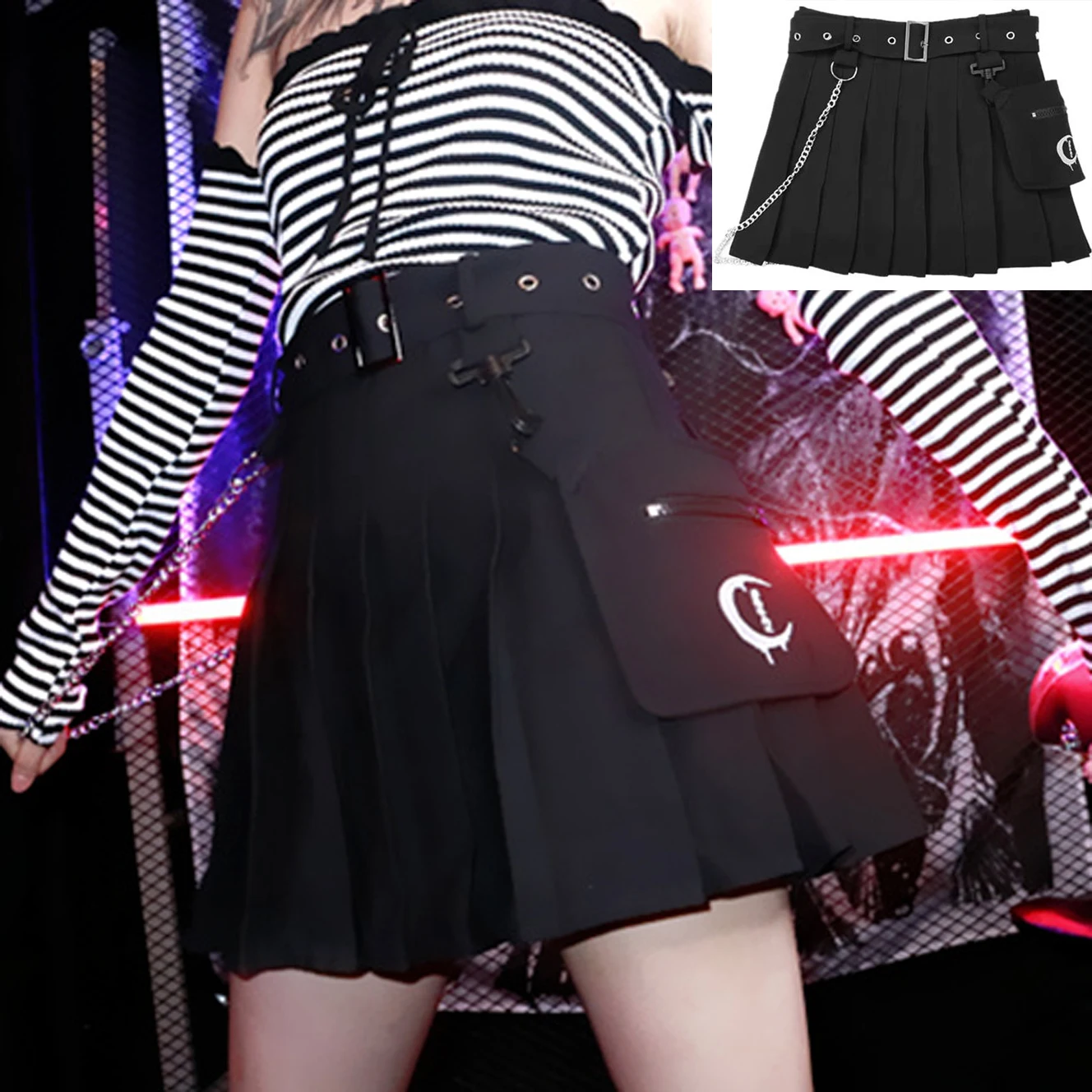 Вышивка Луна японский письмо карман на молнии цепь высокая талия Пояс Мини карго хлопок Готическая Сексуальная плиссированная юбка Harajuku