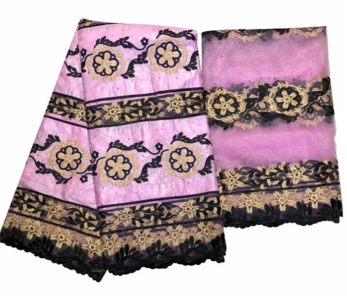 

Charming lady party sets African bazin cotton lace fabric with 2 yards net lace fabric with nice embroidery IKBN39
