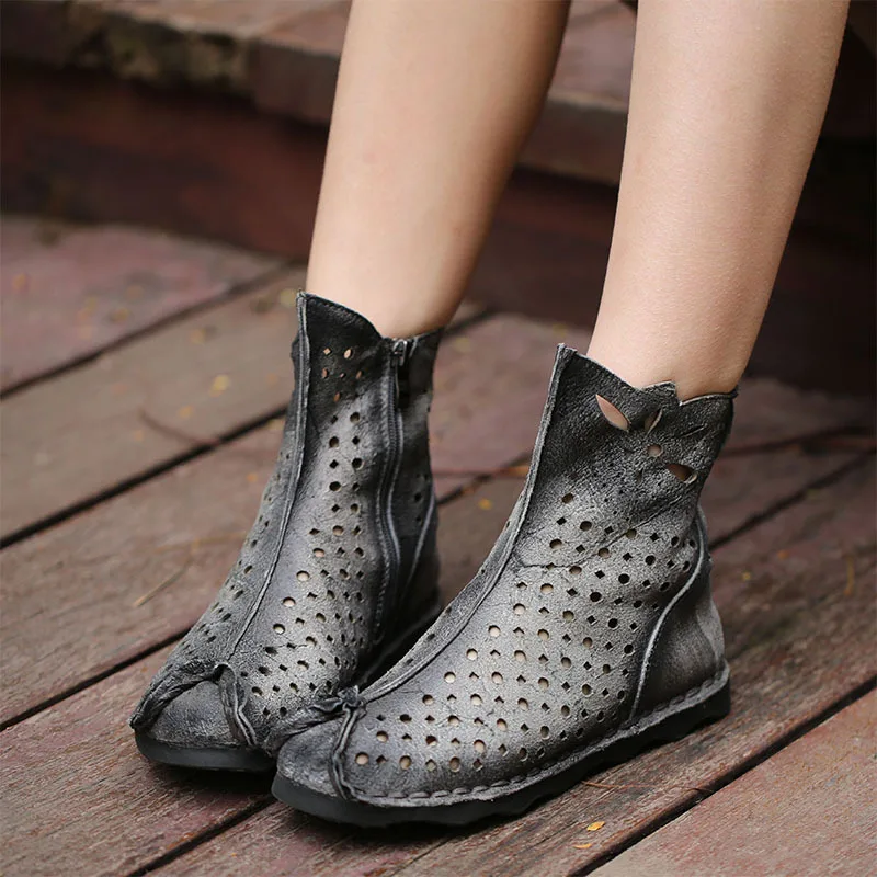 

2018 Spring New Retro national Style Leather round Head Hollow Flat bottom Cowhide Boots