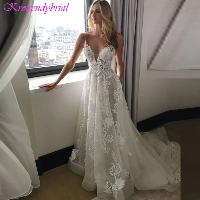 

DZW431 Lace Boho Wedding Dresses 2019 Spaghetti Straps V-Neck Wedding Gowns Beach Bride Dress Vestido De Noiva