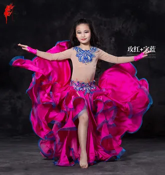 

Child belly dance suit Girls performance belly dance suit skin long sleeves top+satin skirt 2pcs belly dance suit dancer's set