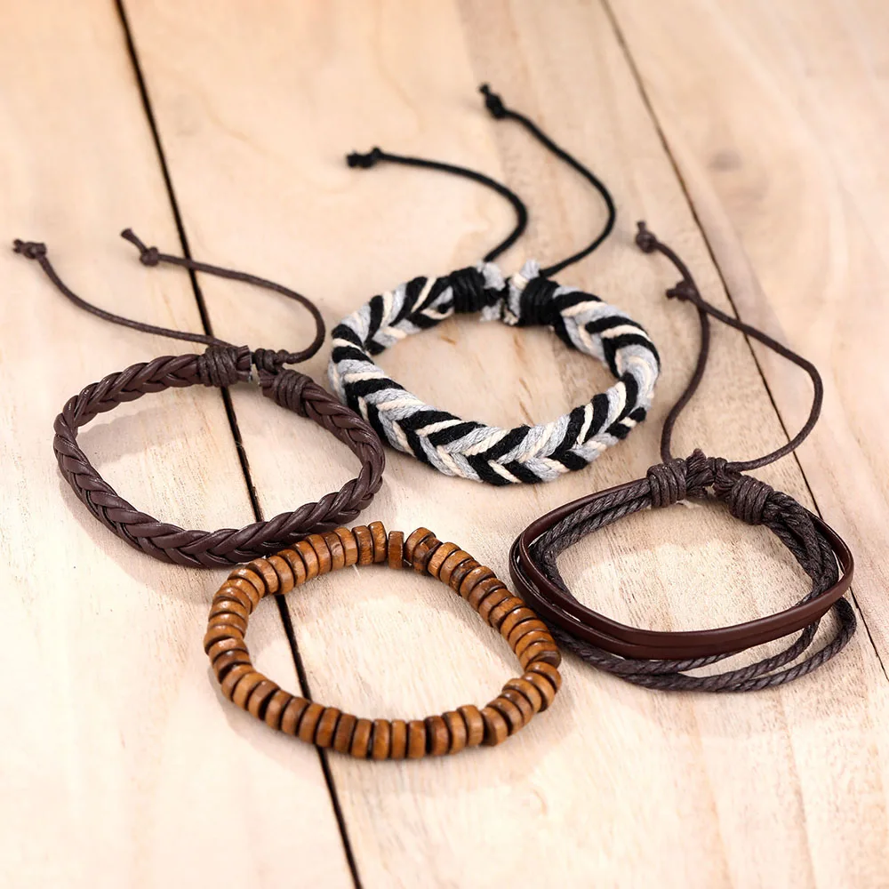 17IF Многослойный кожаный браслет ручной работы с деревянными бусинами для мужчин и женщин, Классический компасный плетеный браслет, набор, этнические ювелирные изделия