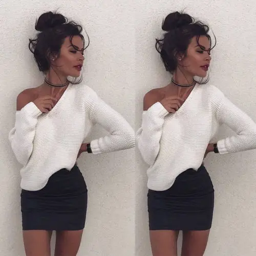 Hirigin 2017 Women Long Sleeve Sweaters Pullover Tops Casual Solid White Color Autumn Warm Clothes Sexy V-Neck Street Outwear | Женская