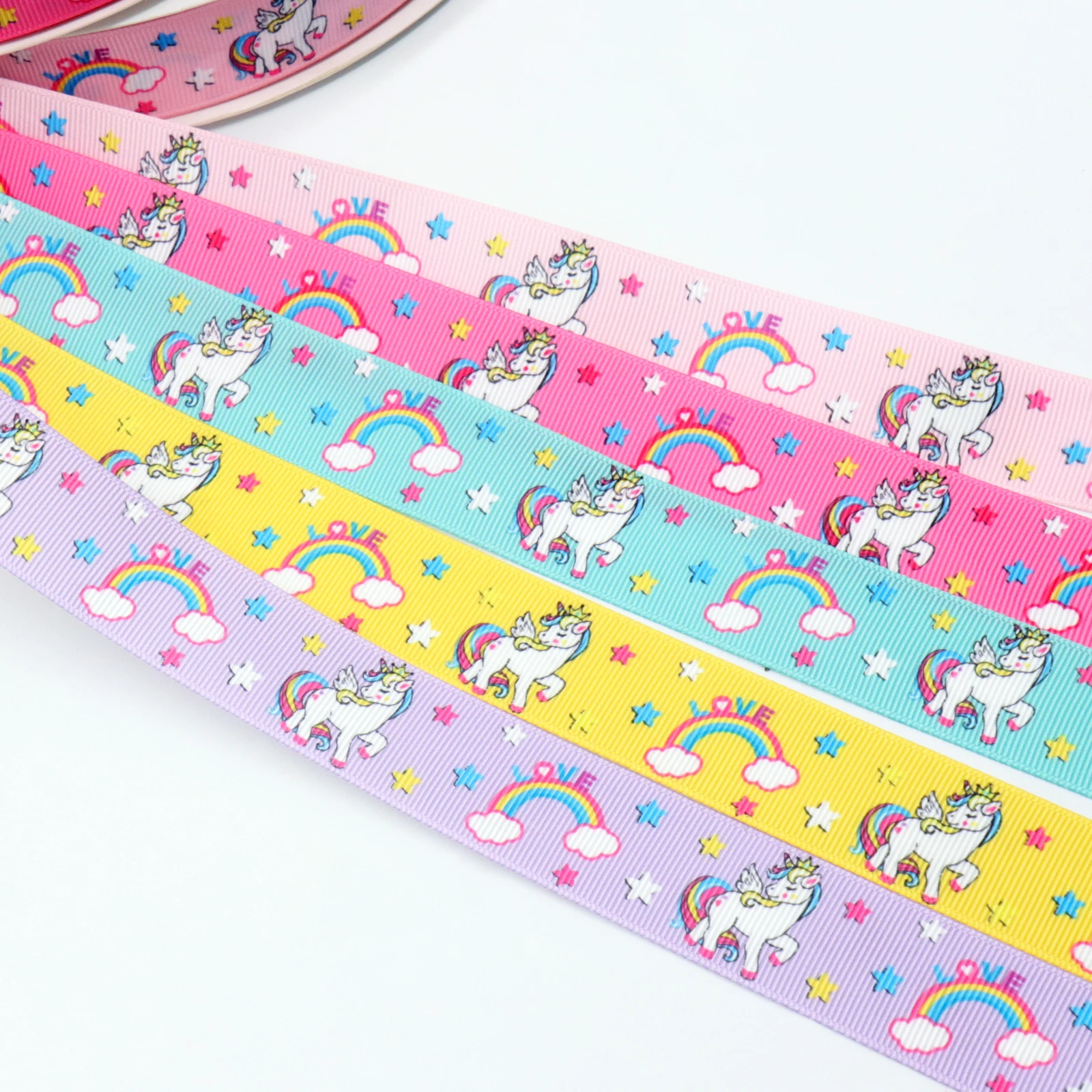 

1yard 2.5cm Unicorn Rainbow Printed Grosgrain Ribbon DIY Handmade Materials Home Textile Printed Gift Box Ribbon Wedding Decor