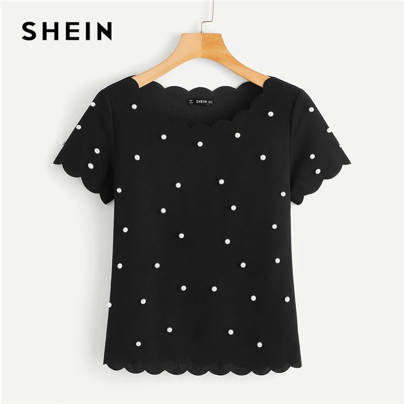 SHEIN модный топ, украшенный жемчугом, с фигурной отделкой,, однотонный, элегантный, облегающий, летний, короткий рукав, женская одежда, топы и блузки