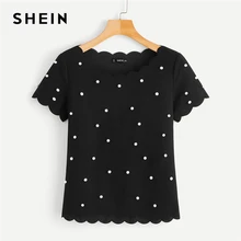 SHEIN модный топ, украшенный жемчугом, с фигурной отделкой,, однотонный, элегантный, облегающий, летний, короткий рукав, женская одежда, топы и блузки