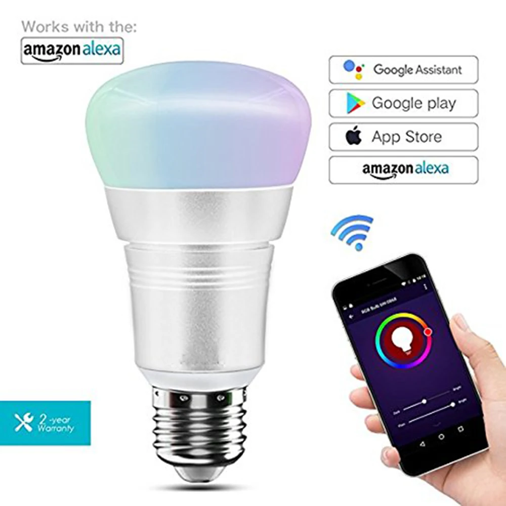 Wi-Fi Smart светодиодная RGB Лампочка свет E27 7 Вт, 60 W эквивалент приложение Управление Функция времени Совместимость с Amazon Alexa и Google помощник