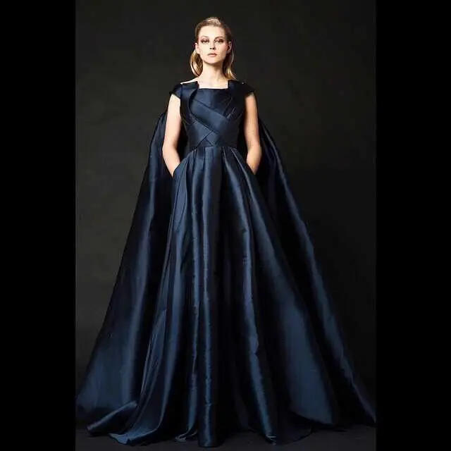 

Scalloped A-Line Ruched Satin Long Evening Dresses 2015 New Floor Length Dark Royal Blue Evening Dresses with Cloak KK1639