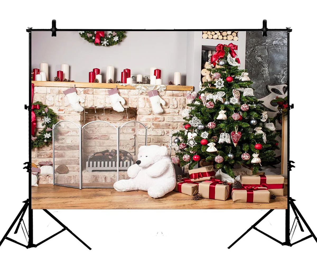 

5x7ft Christmas Tree White Brick Fireplace Polyester Photo Background Portrait Backdrop