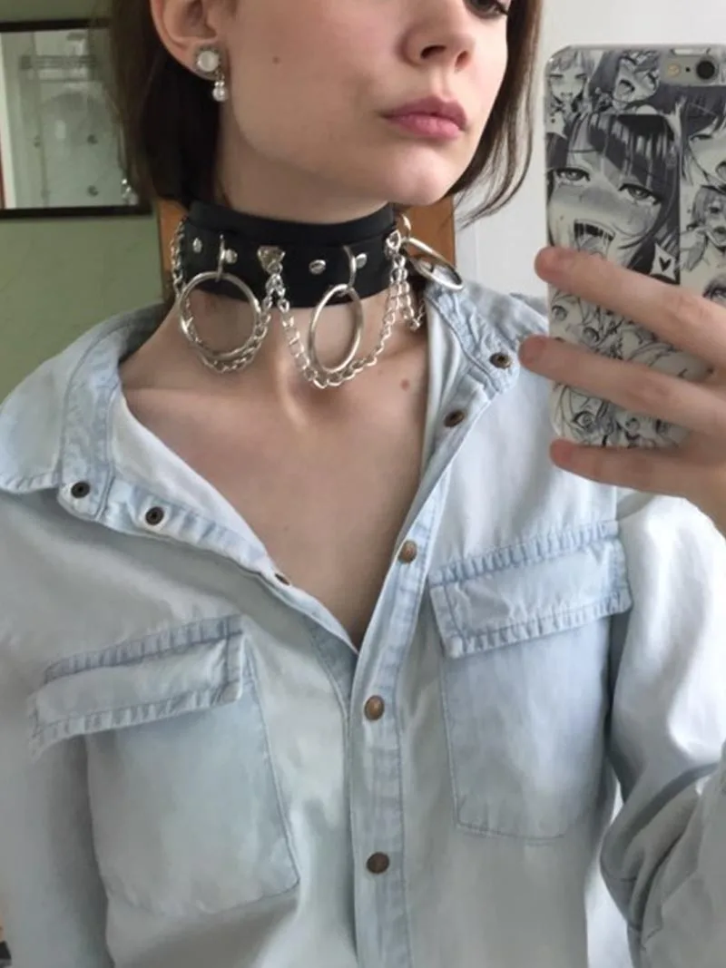 Punk Leather Big Metal Chain Choker Gothic Sexy Silver Chain Collar Black Leather Necklace Female Choker Festival Party Jewelry