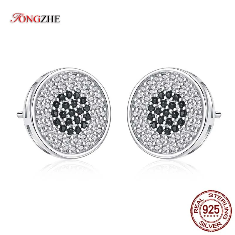 

TONGZHE Women Men 100% 925 Sterling Silver Round Stud Earrings Black CZ Enamel With Clear CZ Wedding Jewelry Wholesale KLTE080