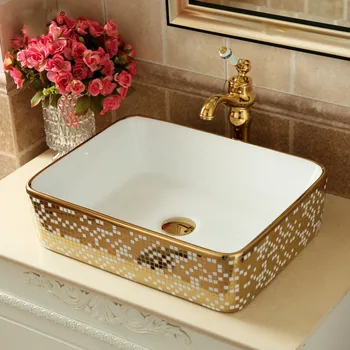 

Euro-style Ceramic Tabletop Basin Square Toilet BasinArt Golden Creative rectangular ceramic wash basin bathroom sink