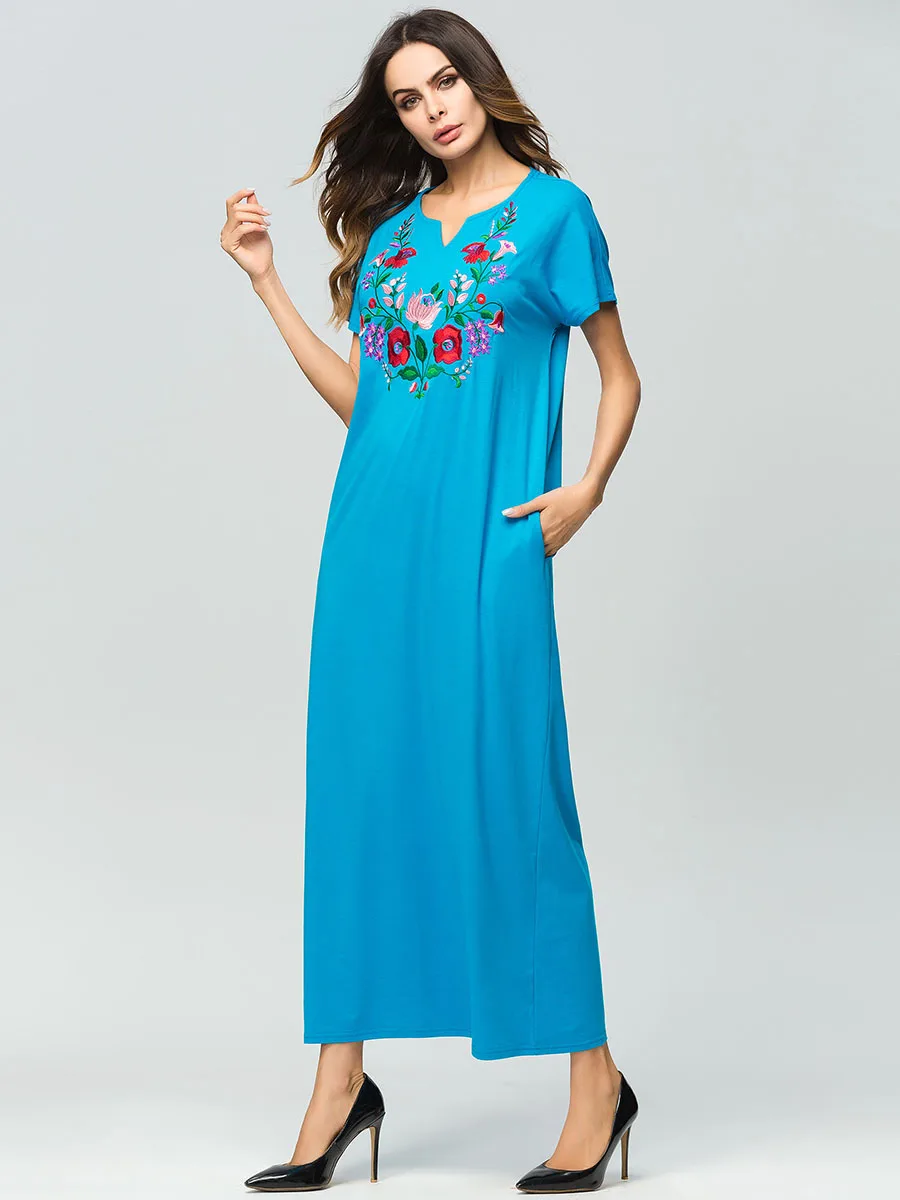 Арабское платье Euramerica вышивка в народном стиле халат мусульман с короткими рукавами Solid Pocket длинные Mujer подарки на Рамадан мусульманские