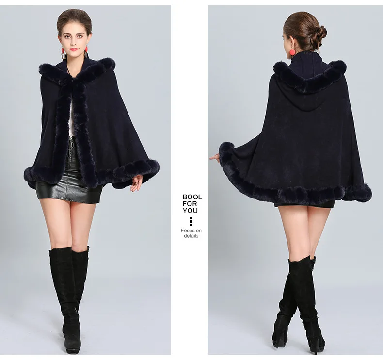 European Women Cloak Faux Fox Fur Patchwork Woolen Coats 2019 Autumn Winter Female Hooded Outerwear Wool Jackets Party Clothing black puffer coat with hood