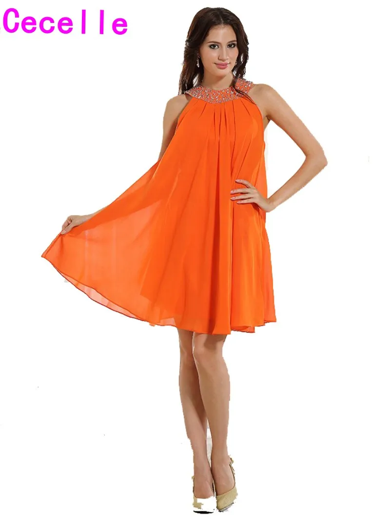 2017 Orange Short Real Bridesmaid Dresses Beaded Neck Informal Casual