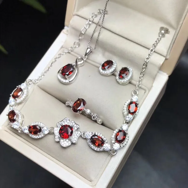 KJJEAXCMY бутик Драгоценности 925 чистого серебра, инкрустированные с чистый натуральный гранат кулон серьги-кольца ожерелье 4 компл. цветы