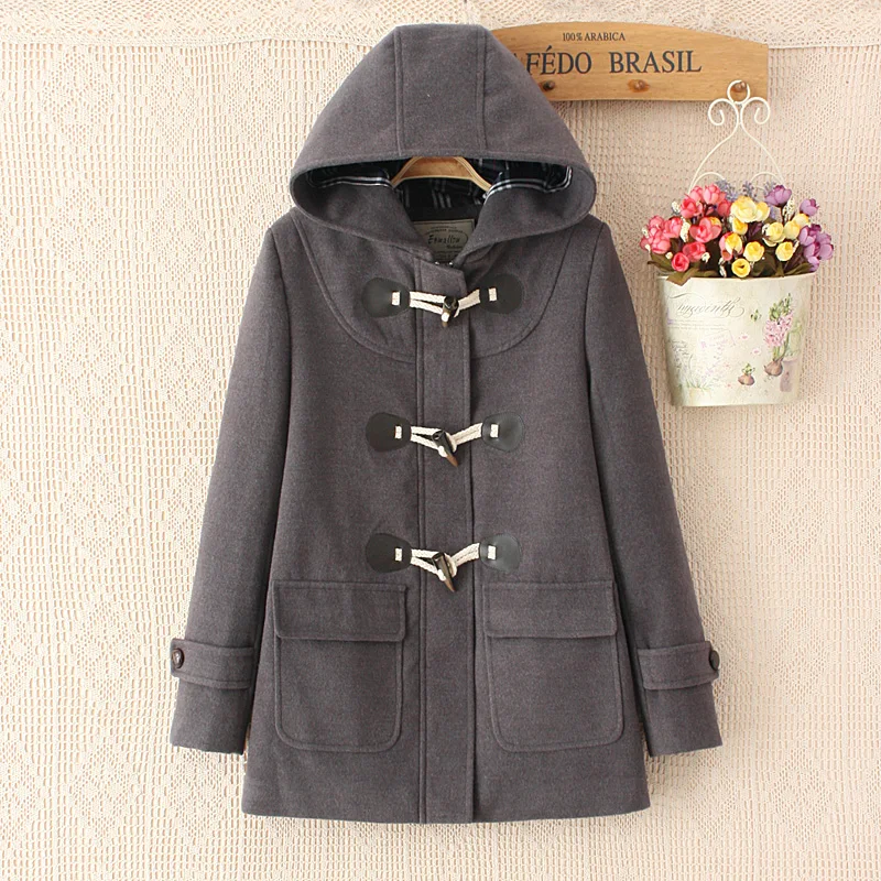 Duffle Coat Long Turn Down Horn Button Hooded Collar Woolen Overcoat Wide Waisted manteau femme Out Wear winter coats 6