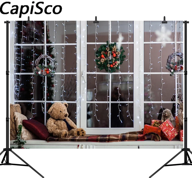 Capisco Christmas Window Teddy Bear Light Bulb Wreath Photography Capisco Christmas Window Teddy Bear Light Bulb Wreath Photography Backgrounds Customized Photographic Backdrops For Photo Studio