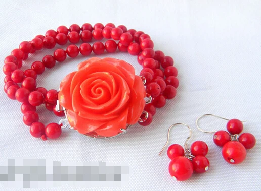 

Free shipping 3Strands 6MM Round Coral Bracelet Earring Set