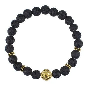 

Antique Gold Color Buddha Leo Lion Head Bracelet Bangle Black Lava Stone Beaded Bracelets For Men Women Pulseras