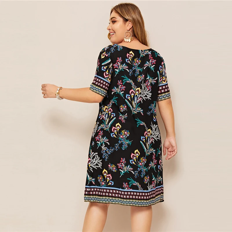 SHEIN زائد حجم الخصر مربوط اللون كتلة اللباس المرأة الصيف تونك قصير كم حريصة طول عارضة زائد التحول فساتين مع حزام