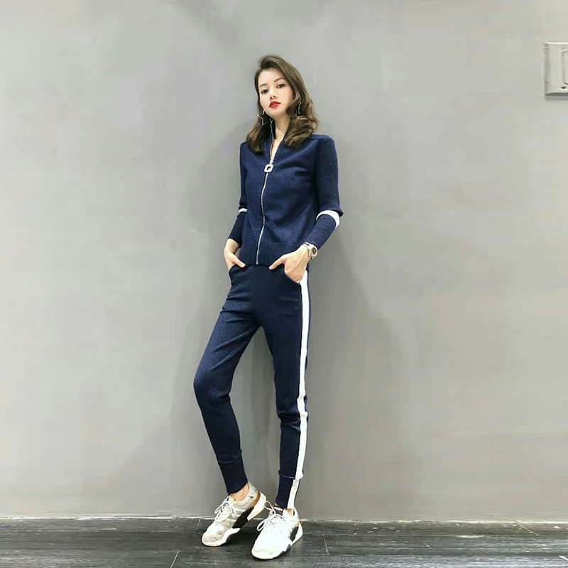 

Women sweater suit and setsCasual Knitted Sweaters Pants 2PCS Track Suits Woman Casual Knitted Trousers+Tops Clothing Set