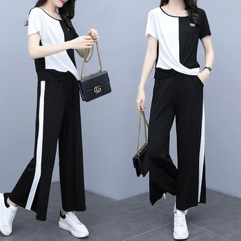 

Loose 2019 Vintage Korean 2 Pcs Set Pocket Striped Patchwork Two Piece Set Fahion Open Side Split Plus Size Damen Zweiteiler