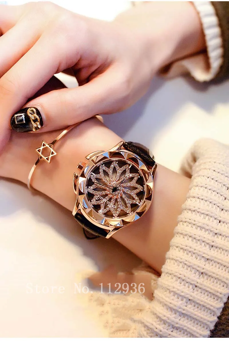 Для женщин Стразы часы леди вращения платье часы марки реальные кожаный ремешок большой циферблат браслет Наручные часы австрийского хрусталя часы