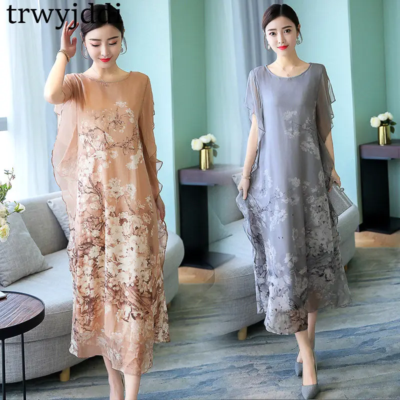 

Fashion Printed Imitation Silk Dress Female 2019 Summer New Lazy Style Temperate Pleated Loose Large Size Dress For Women A999