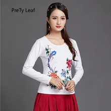 В китайском стиле Новые Круглый Воротник с вышивкой тонкая футболка с длинным рукавом