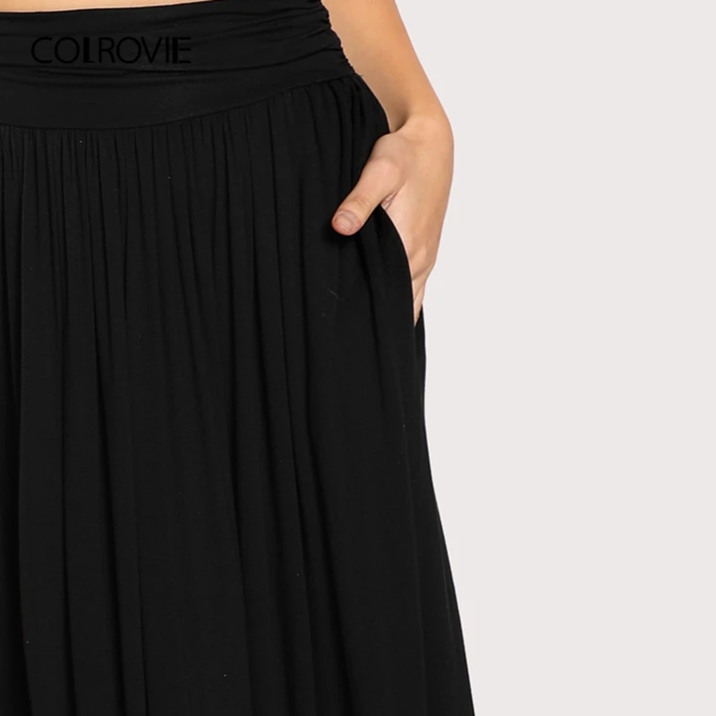 COLROVIE, черная однотонная трикотажная повседневная юбка с рюшами на талии, женская летняя уличная одежда, Корейская эластичная макси юбка, женские длинные юбки