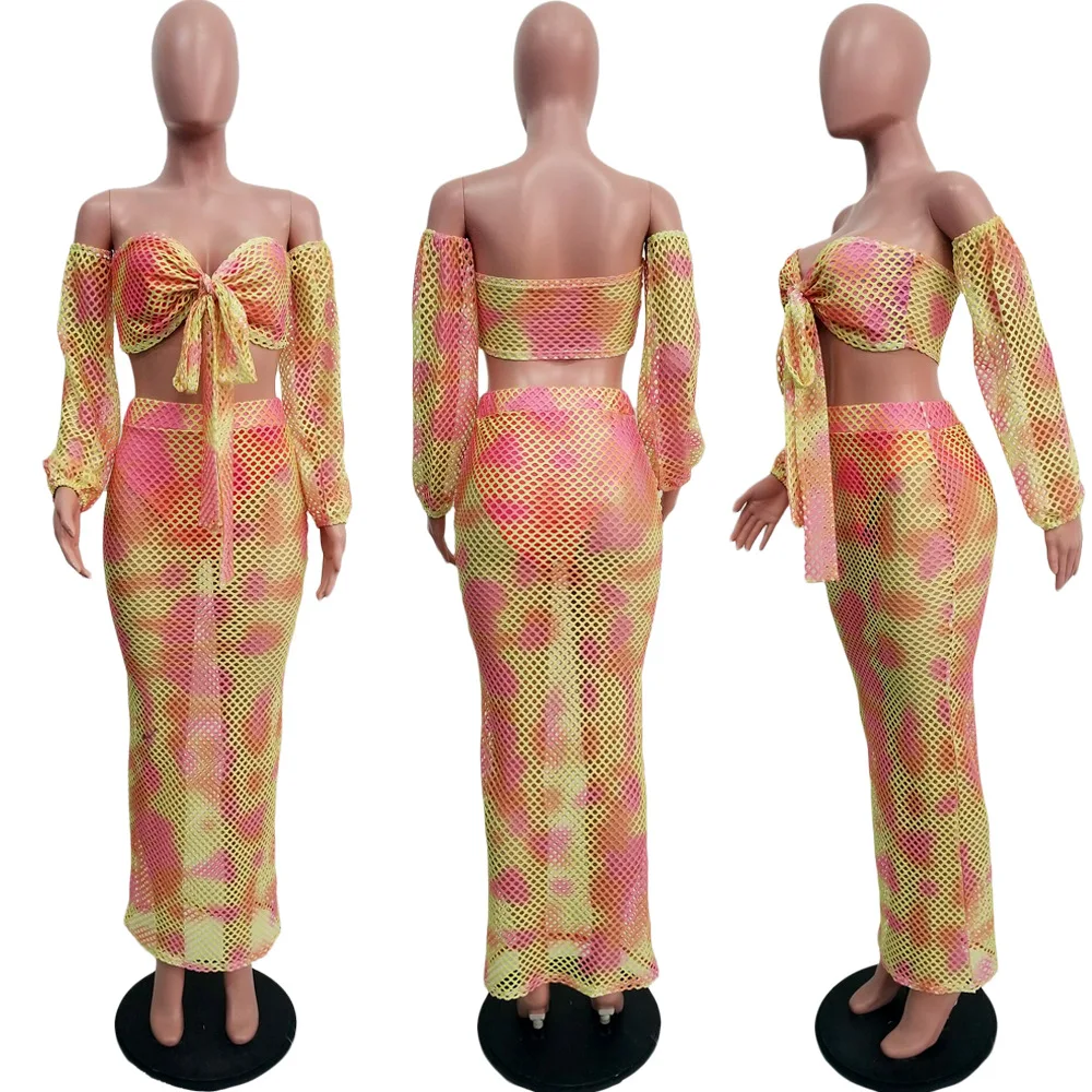 Женский марлевый сетчатый галстук-краситель с принтом, с открытыми плечами, с завязками, укороченный топ, миди, макси-юбка, костюм, пляжный комплект из двух предметов, платье, 2 цвета, GLSN3590