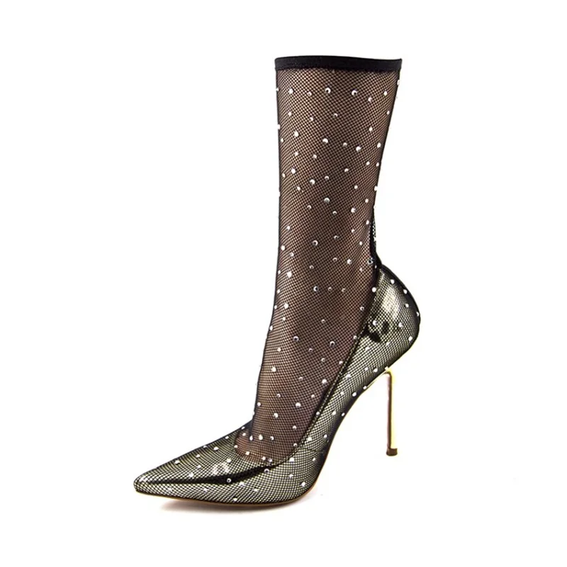 Fashion-Women-Sexy-Lace-Mesh-Boots-Mid-Boots-Metal-Thin-Heels-Slip-On-Summer-Cool-Bling