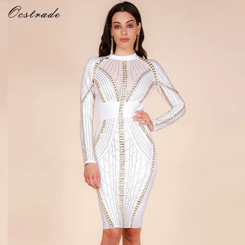 

Ocstrade Merry Christmas Party New Year Eve Womens Studded High Quality Rayon Long Sleeve White Bandage Dress Dress