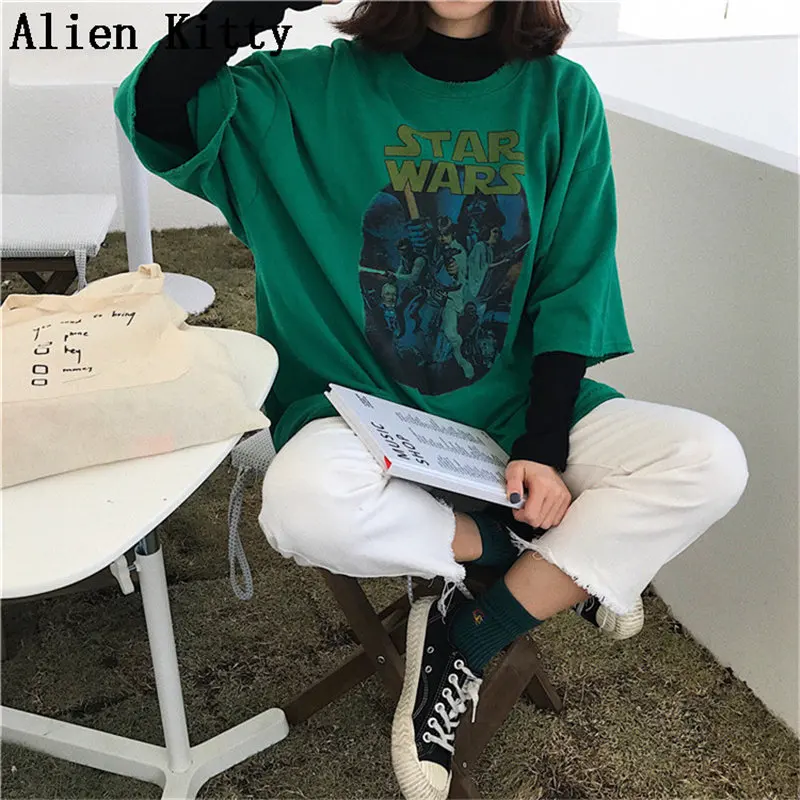 Alien Kitty/Новая летняя футболка с принтом в винтажном стиле 2019 круглым вырезом топ
