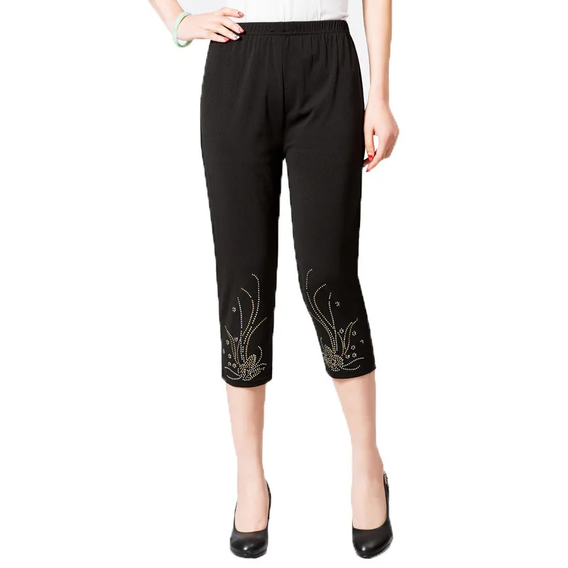 

New 2019 Fashion Middle Aged Women Solid Color Straight Pants Capris Casual Elastic Waist Summer Calf-Length Pants Plus Size 5XL